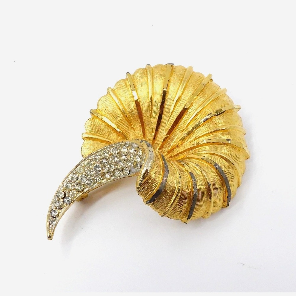 Vintage BSK Seashell Brooch Gold Tone Clear Rhinestone Statement